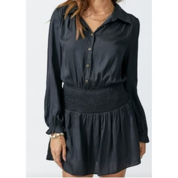 Day + Moon Smocked Mini Black Dress With Shorts Lining. Small Cinched Waist - Picture 4 of 8